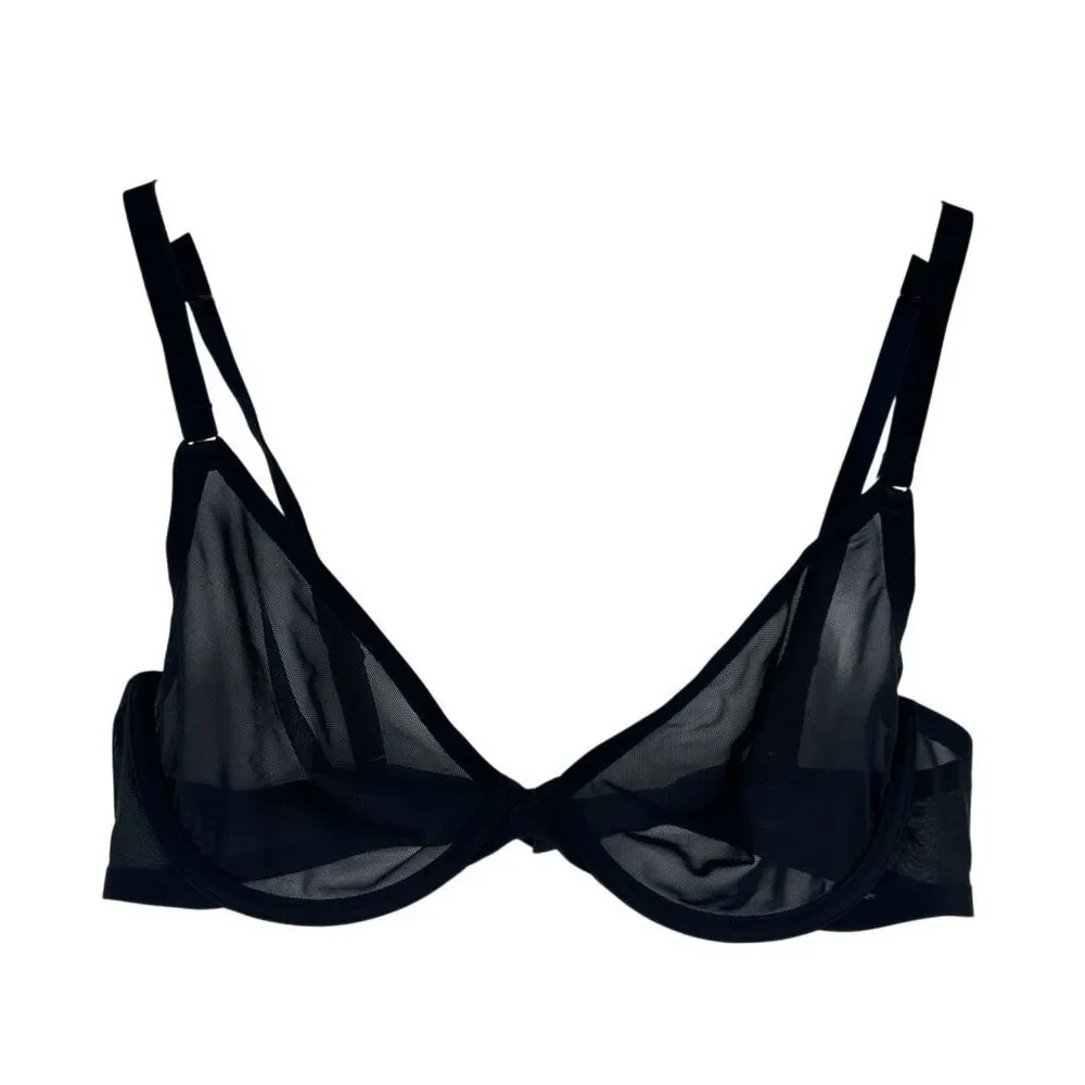 Cuup the plunge bra 36c ink black blue sheer mesh underwire unlined bralette - Picture 2 of 8